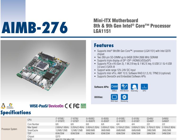 研華AIMB-276 適配Intel 第8/9代 Core?i7/i5/i3 處理器，搭載Q370芯片組。超高性能，是邊緣計(jì)算、AI視頻檢測(cè)等理想解決方案。