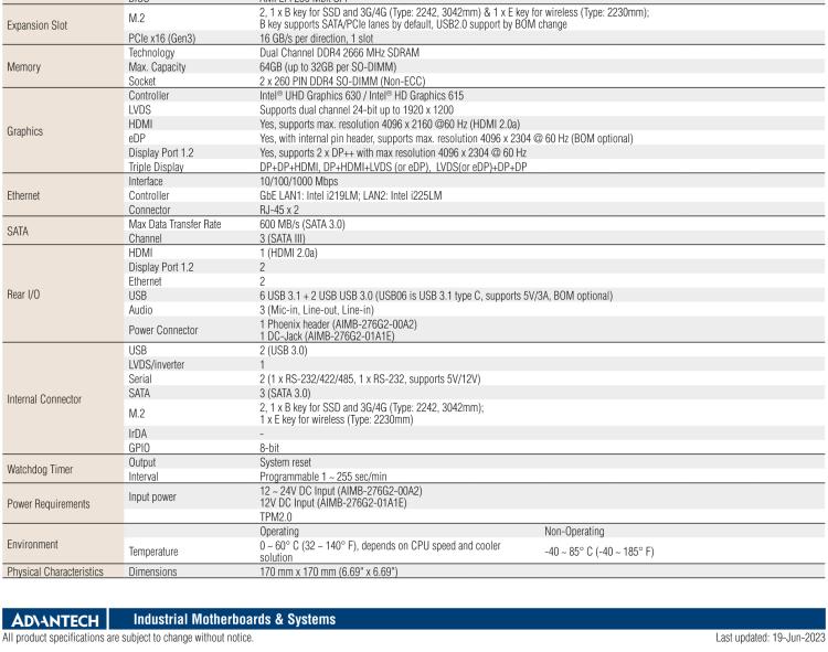 研華AIMB-276 適配Intel 第8/9代 Core?i7/i5/i3 處理器，搭載Q370芯片組。超高性能，是邊緣計(jì)算、AI視頻檢測(cè)等理想解決方案。