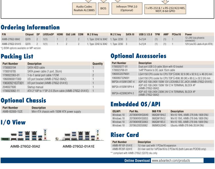 研華AIMB-276 適配Intel 第8/9代 Core?i7/i5/i3 處理器，搭載Q370芯片組。超高性能，是邊緣計(jì)算、AI視頻檢測(cè)等理想解決方案。