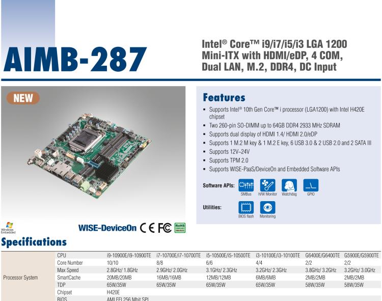 研華AIMB-287 適配Intel? 第10代 Core? i 系列處理器，搭載H420E芯片組。超薄設(shè)計，性能強勁。