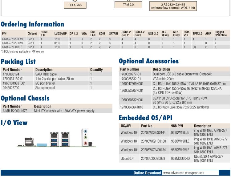 研華AIMB-277 適配Intel? 第10代 Core? i 系列處理器，搭載Q470E芯片組。性能強(qiáng)勁，適用于高端應(yīng)用領(lǐng)域。