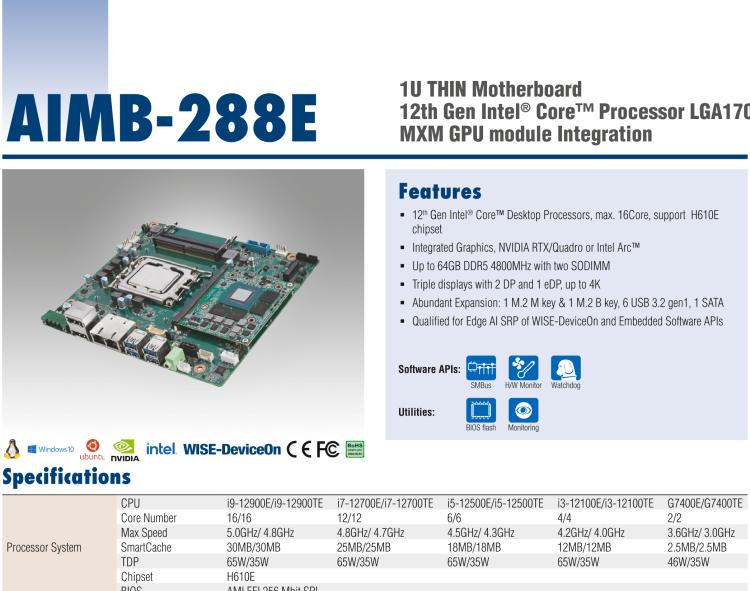 研華AIMB-288E 板載Intel 第12代 Core i 桌面級CPU。橫向顯卡插槽，搭配NVIDIA Quadro T1000 MXM顯卡。超薄散熱設計，高性能選擇方案。