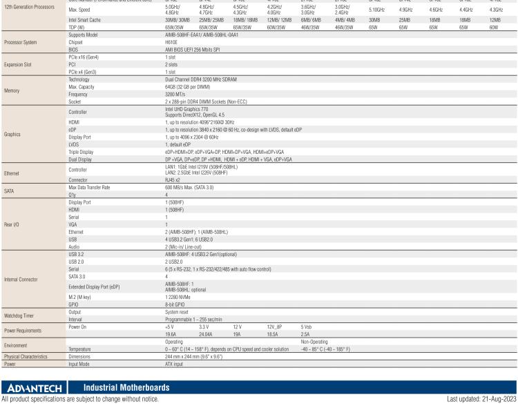 研華AIMB-508 適配Intel 第12/13代 Core i系列處理器，搭載H610E芯片組。擁有豐富的接口，性能強(qiáng)勁，高性價(jià)比解決方案。