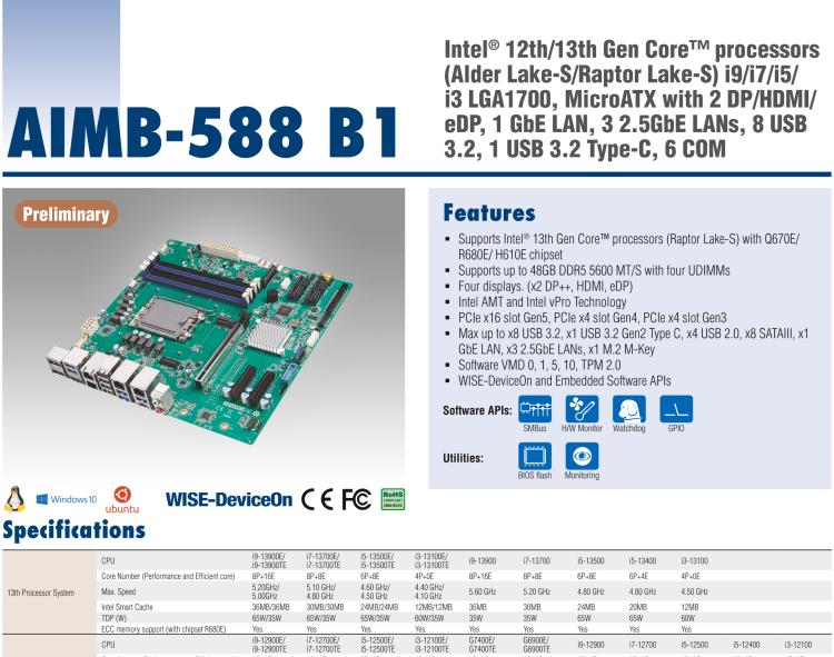 研華AIMB-588B1 適配Intel 第12/13代 Core i/奔騰系列處理器，搭載Q670E/R680E/H610E芯片組。性能可達(dá)服務(wù)器級別，獨(dú)立四顯，具備專業(yè)的圖像處理能力，是理想的行業(yè)解決方案。