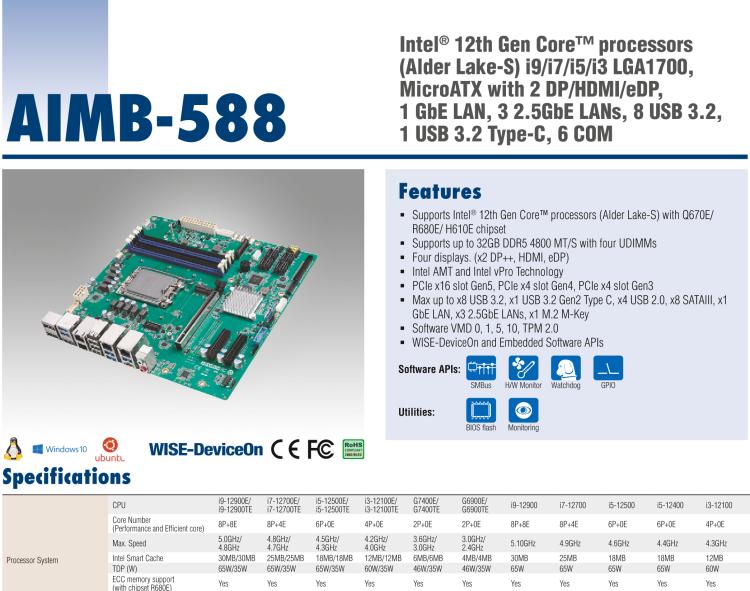 研華AIMB-588 適配Intel 第12代 Core i 系列處理器，搭載Q670E/ R680E/ H610E芯片組。高性能可達(dá)服務(wù)器級(jí)別高端產(chǎn)品，獨(dú)立四顯，專業(yè)的圖像處理能力，是理想的行業(yè)解決方案。