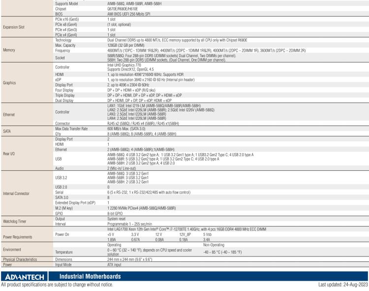 研華AIMB-588 適配Intel 第12代 Core i 系列處理器，搭載Q670E/ R680E/ H610E芯片組。高性能可達(dá)服務(wù)器級(jí)別高端產(chǎn)品，獨(dú)立四顯，專業(yè)的圖像處理能力，是理想的行業(yè)解決方案。