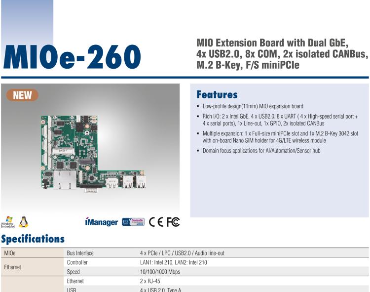 研華MIOe-260 M.2 B-key，高速 miniPCIe，雙Intel LAN，4個USB2.0、8個COM