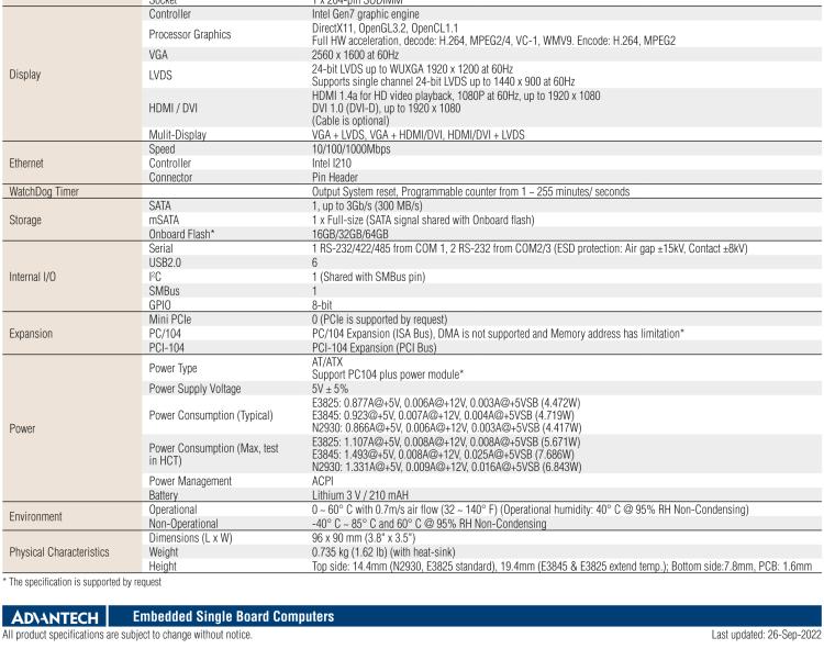 研華PCM-3365 英特爾第四代凌動?Atom?E3825 / E3845＆賽揚(yáng)?N2930，PC / 104-Plus嵌入式主板，ISA，VGA，HDMI / DVI，LVDS，6 USB，mSATA或板載SSD