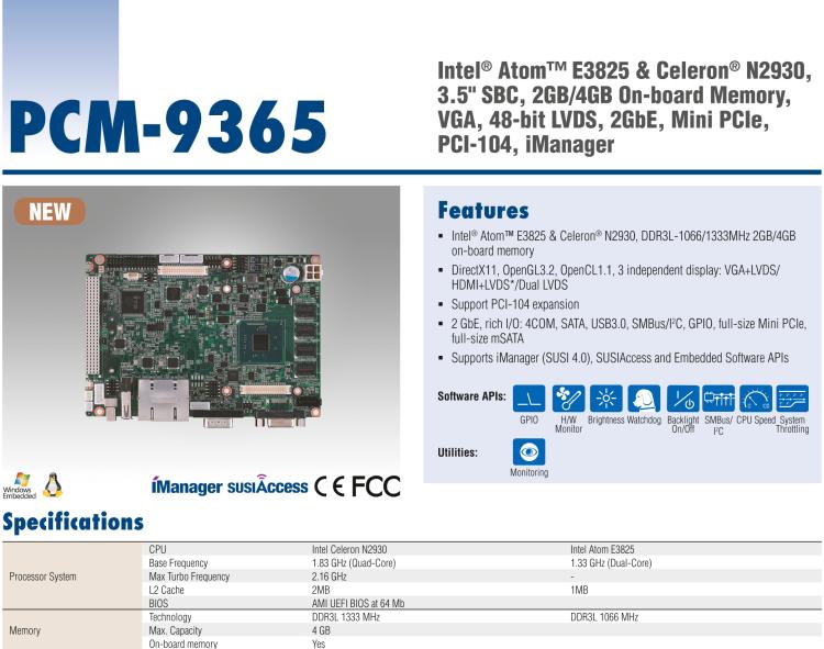 研華PCM-9365 第四代ATOM PCI-104 3.5寸主板, 搭載E3825，N2930 CPU，2GB/4GB內(nèi)存在板，VGA, 18/24-bit LVDS, 2GbE, Mini PCIe, PCI-104, iManager