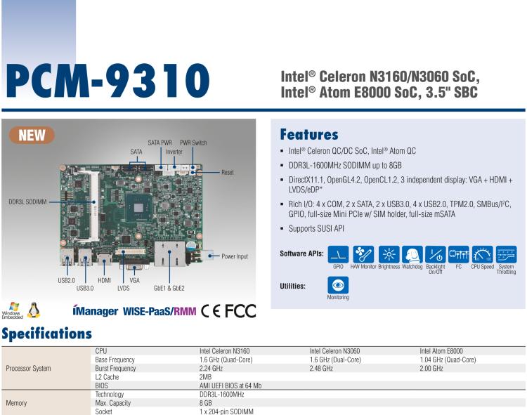 研華PCM-9310 英特爾第五代Atom?賽揚(yáng)N3160 / N3060 SoC，Intel?Atom E8000 SoC，3.5寸單板電腦，DDR3L，VGA，HDMI，48位LVDS，2GbE，Mini PCIe，mSATA，SUSI API