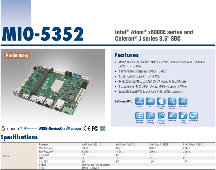 研華MIO-5352 第8代 Intel Atom? x6000E &Celeron? J&N系列單板電腦
