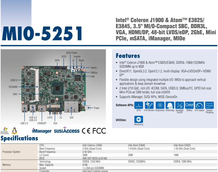 研華MIO-5251 3.5寸MIO單板電腦，采用嵌入式 Intel? Atom? E3825 &Intel? J1900處理器