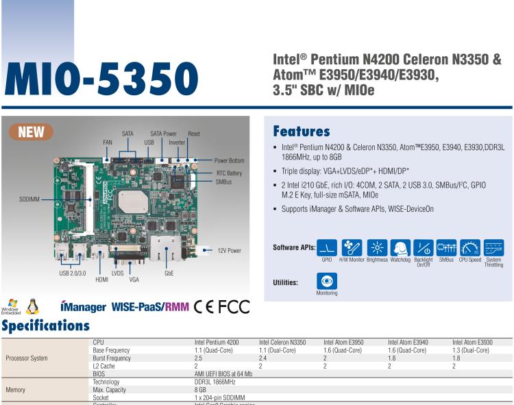 研華MIO-5350 英特爾第六代凌動 Atom?奔騰N4200/N3350，3.5寸單板電腦