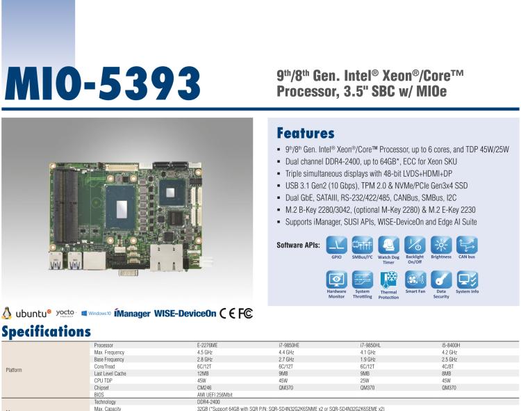 研華MIO-5393 第九代Intel 高性能筆記本CPU 3.5寸小尺寸嵌入式單板，性能提升25%，TDP 45W/25W，支持DDR4 64GB內(nèi)存，2LAN, 4USB 3.1，M.2 2280 Key支持NVMe，-40-85℃寬溫