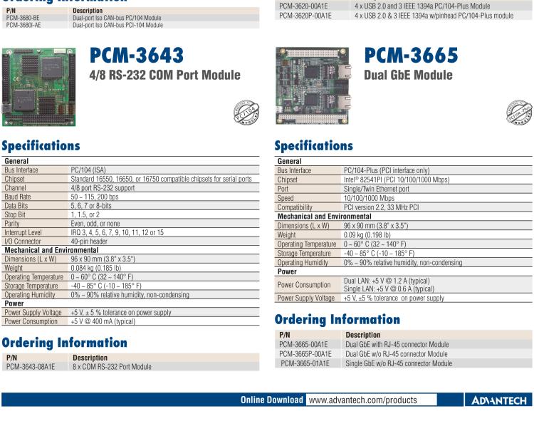 研華PCM-3620 4路USB 2.0 PC/104+模塊