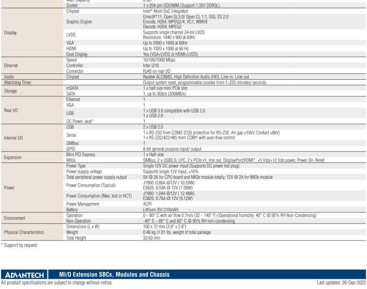 研華MIO-2263 2.5寸Pico-ITX主板，搭載Intel? Atom? SoC E3825/ J1900處理器的2.5寸Pico-ITX單板電腦，采用DDR3L內(nèi)存，支持24-bit LVDS + VGA/HDMI獨(dú)立雙顯，帶有豐富I/O接口：1個(gè)GbE、半長(zhǎng)Mini PCIe、4個(gè)USB、2個(gè)COM、SMBus、mSATA & MIOe