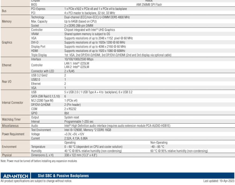 研華PCE-5133 LGA1700 12th Generation Intel? Core? i9/i7/i5/i3/Pentium? System Host Board with DDR5, SATA 3.0, USB 3.2, M.2, Dual 2.5GbE, and Triple Displays