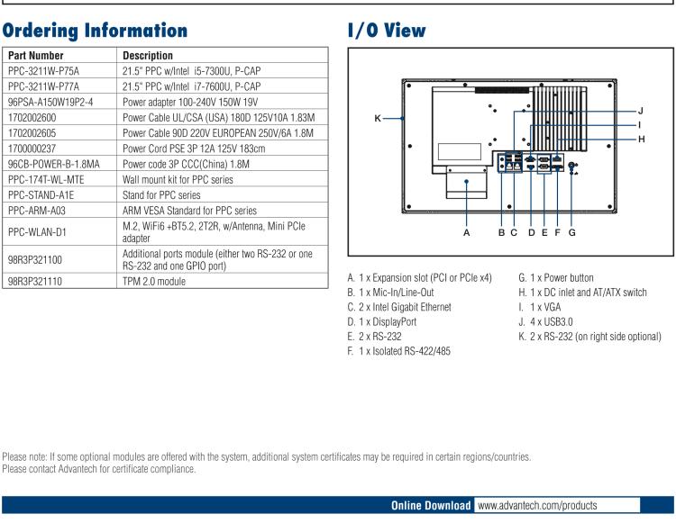 研華PPC-3211W 21.5" 寬屏無風扇工業(yè)平板電腦, 搭載 Intel? Core? i5-7300U 處理器