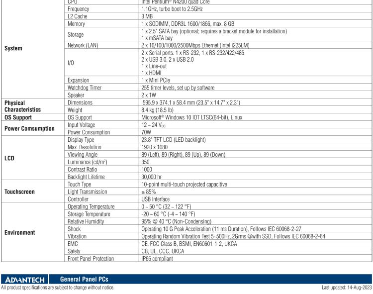 研華PPC-324W-PN40B 23.8" 寬屏無風(fēng)扇工業(yè)平板電腦, 搭載Intel? Pentium? N4200 四核心處理器