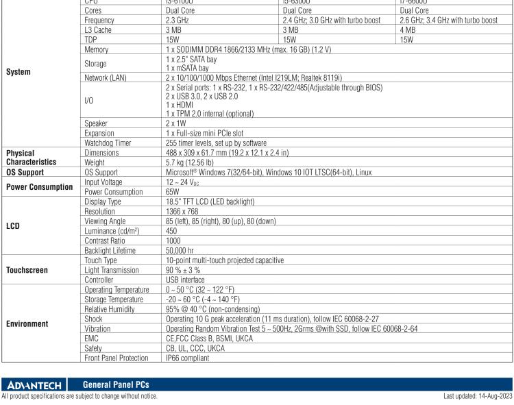 研華PPC-3181SW 18.5" 無(wú)風(fēng)扇工業(yè)平板電腦, 搭載 Intel? Core? 第六代處理器