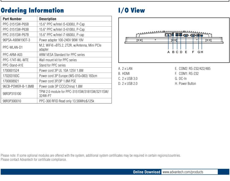 研華PPC-3151SW 15.6" 無(wú)風(fēng)扇工業(yè)平板電腦, 搭載 Intel? 第六代 Core? i 處理器