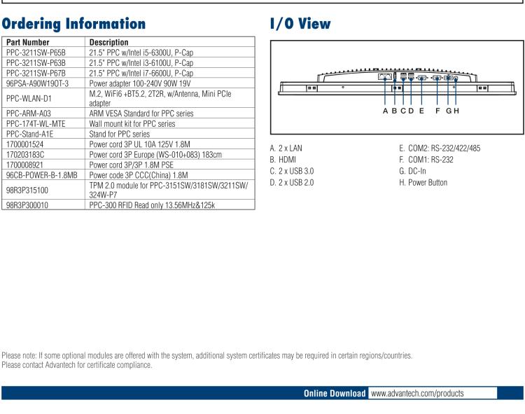 研華PPC-3211SW 21.5"無風(fēng)扇工業(yè)平板電腦, 搭載Intel? 第六代 Core? i 處理器