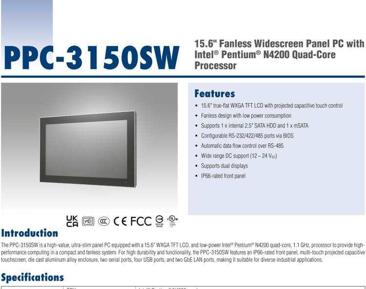 研華PPC-3150SW 15.6" 寬屏無(wú)風(fēng)扇工業(yè)平板電腦，搭載 Intel? Pentium? N4200 四核心處理器