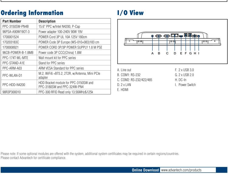 研華PPC-3150SW 15.6" 寬屏無(wú)風(fēng)扇工業(yè)平板電腦，搭載 Intel? Pentium? N4200 四核心處理器