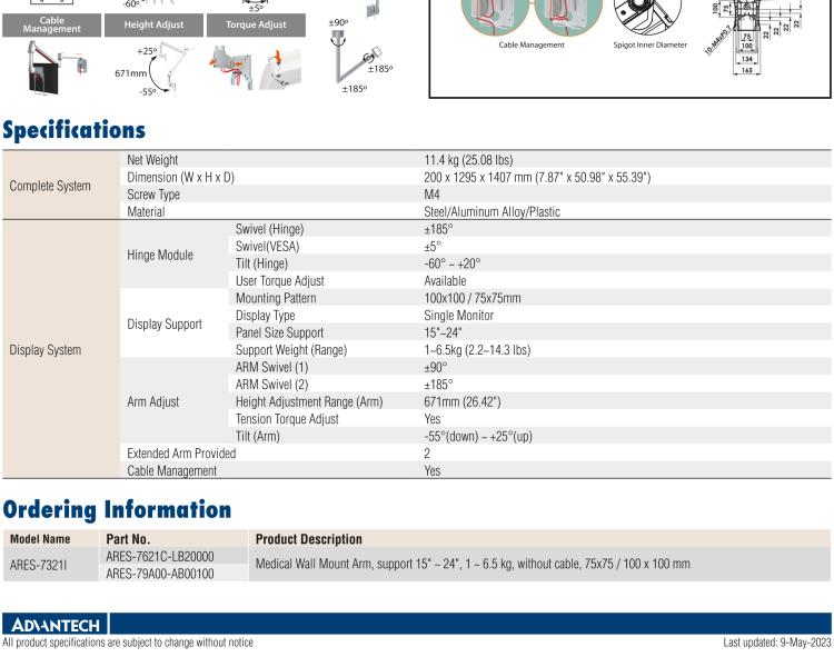 研華ARES-7221A ARES-7221A is a medical grade wall-mounted arm with VESA standard holes that can be moved vertically.