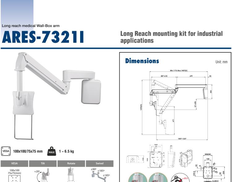 研華ARES-7623C Bundled with ARES-7600C, ARES-7623C provides a medical-grade ceiling long-reach arm that can be used with bedside PIT (with a load of 6~12 kg).