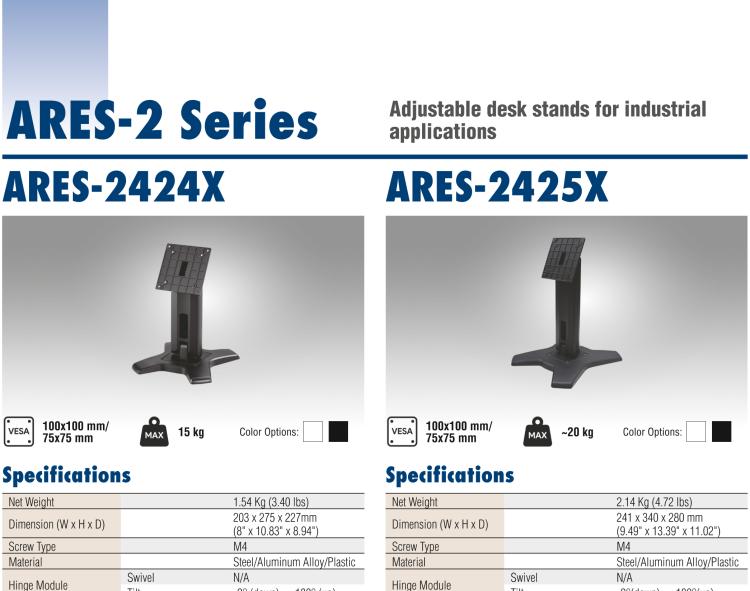 研華ARES-2423S ARES-2423S is a height-adjusting desk stand compatible with 75x75/100x100 mm VESA patterns. It can tilt -5° (down) ~ +20° (up) and screens up to 34".