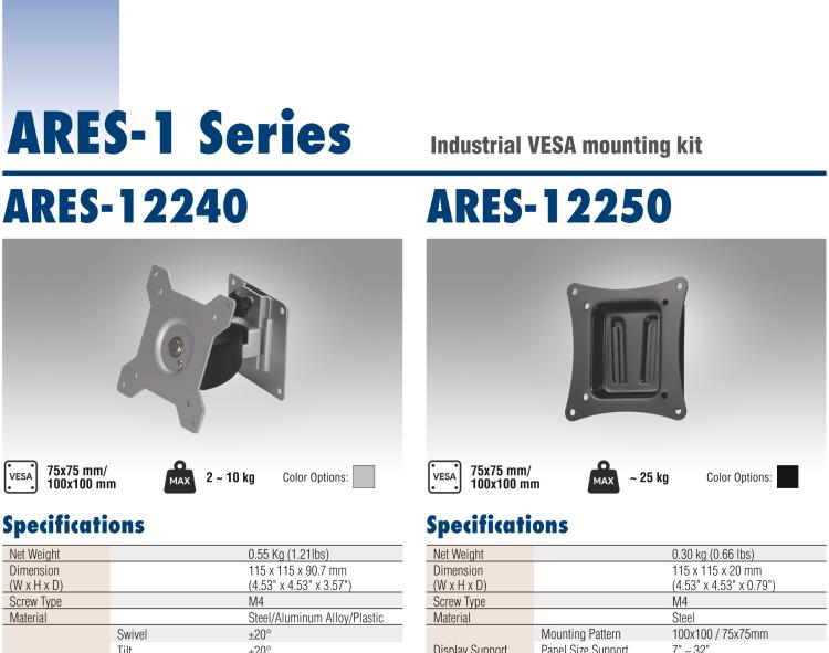 研華ARES-12240 ARES-12240 is a tiltable and swivelable wall mount with 75x75 mm/ 100x100 mm VESA standard holes. It supports a weight of 2~10kg and screens up to 32"