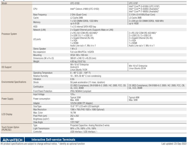 研華UTC-515F 15.6" 多功能觸控一體機(jī)，內(nèi)置Intel? Skylake Core? i3-6100U處理器