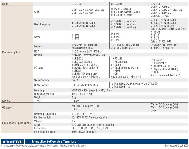 研華UTC-318F 18.5" 多功能觸控一體機 ,內置 Intel? Core? i5-6300U/Core? i3-6100U