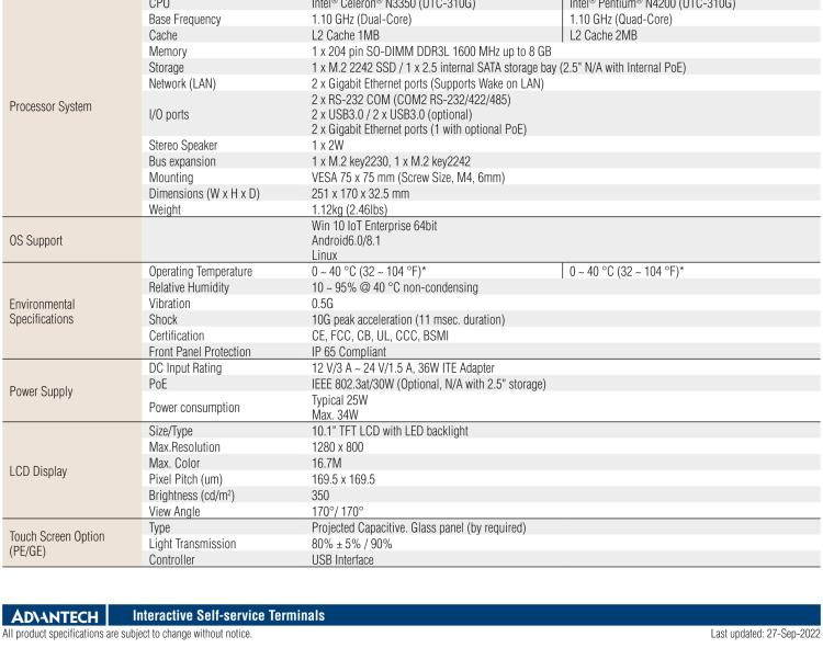 研華UTC-310G 10.1" 多功能觸控一體機(jī)，Intel? Celeron? N3350/Pentium? N4200 處理器