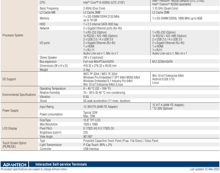 研華UTC-215F 15.6" Open-Frame Touch Computer with Intel Core i5-6300U