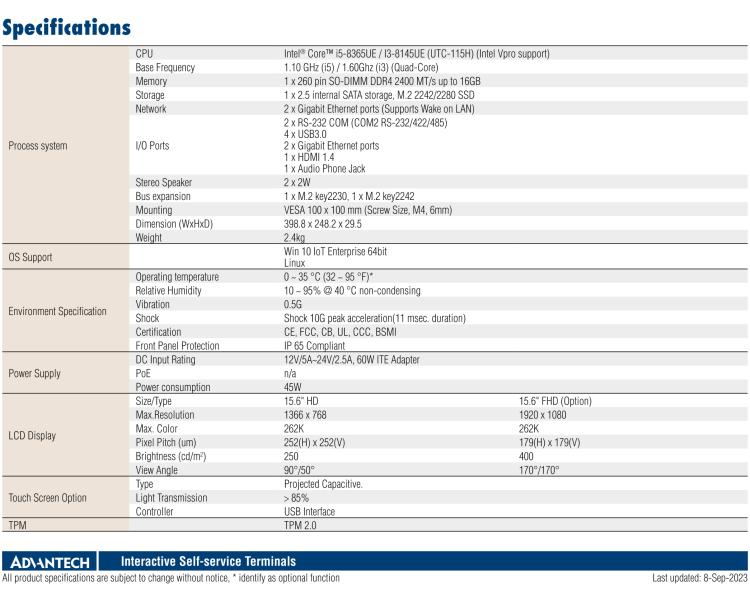 研華UTC-115H 15.6" 多功能觸控一體機(jī)，搭載 Intel? Core? i5-8365UE