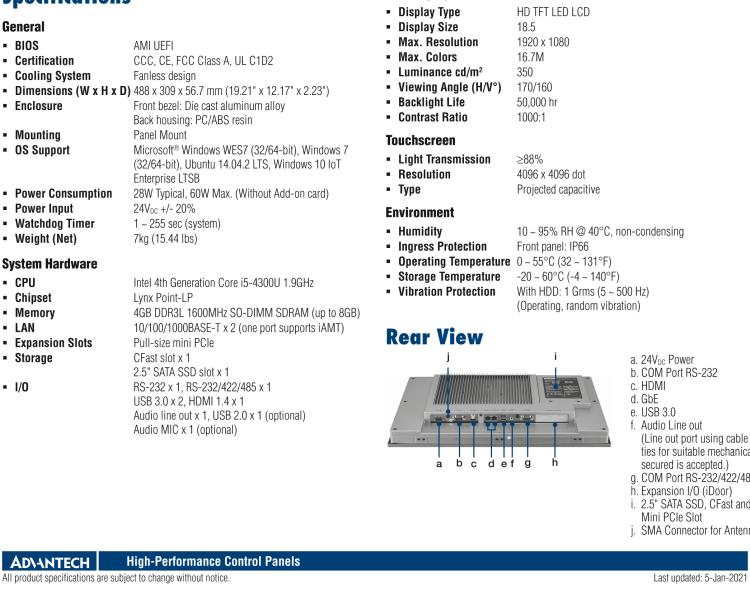 研華TPC-1881WPH 18.5 FHD TFT LED LCD Intel? 4th Generation Core i5 Multi-Touch Panel Computer