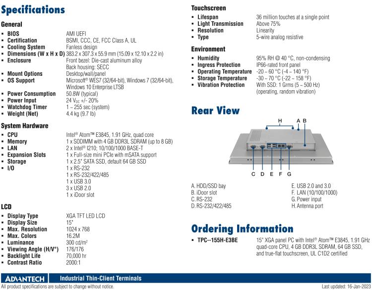 研華TPC-155H 15" XGA TFT LED LCD Thin-Client Terminal with Intel? Atom? Processor for Hazardous Locations Introduction