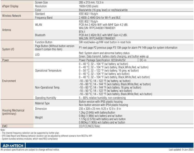 研華EPD-660 13.3"電子紙解決方案，Wi-Fi，用于醫(yī)院床邊卡和智能建筑標(biāo)牌。