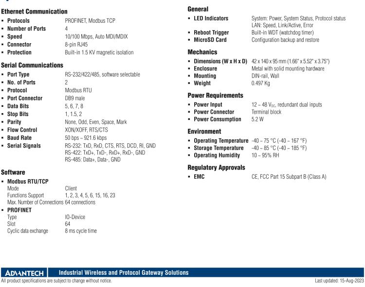 研華EKI-1242IPNMS Modbus RTU/TCP to PROFINET Protocol Gateway, Wide Temperature