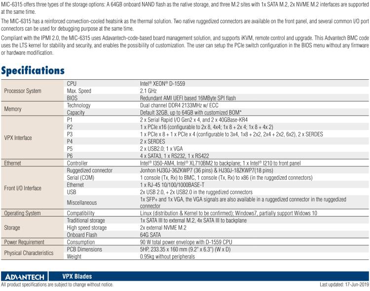 研華MIC-6315 基于Intel? Xeon? D-1500處理器的Open VPX CPU刀片式計(jì)算機(jī)