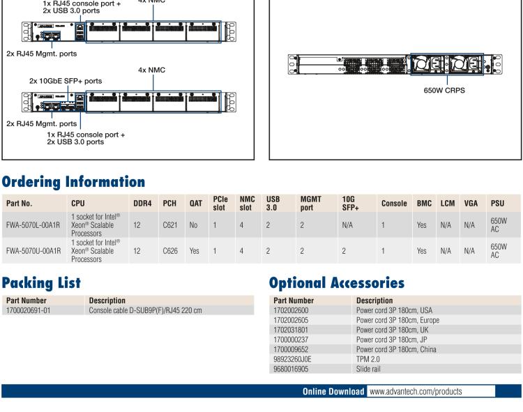 研華FWA-5070 基于Intel?Xeon?處理器可擴展系列1U機架式網(wǎng)絡(luò)應(yīng)用平臺，最高支持4個NMC插槽