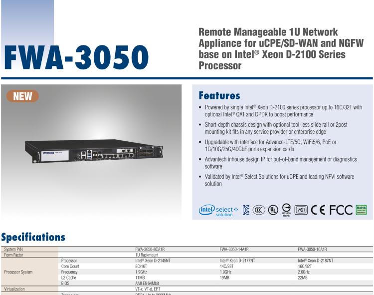 研華FWA-3050 基于Intel?Xeon D-2100系列處理器，用于uCPE和下一代防火墻的遠(yuǎn)程可管理1U網(wǎng)絡(luò)應(yīng)用平臺(tái)