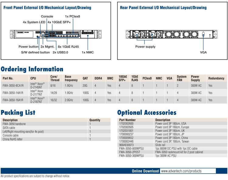 研華FWA-3050 基于Intel?Xeon D-2100系列處理器，用于uCPE和下一代防火墻的遠(yuǎn)程可管理1U網(wǎng)絡(luò)應(yīng)用平臺(tái)