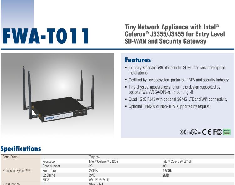 研華FWA-T011 基于Intel? Celeron? N3350/J3455 入門級SD-WAN，安全網(wǎng)關(guān)微型網(wǎng)絡(luò)應(yīng)用平臺