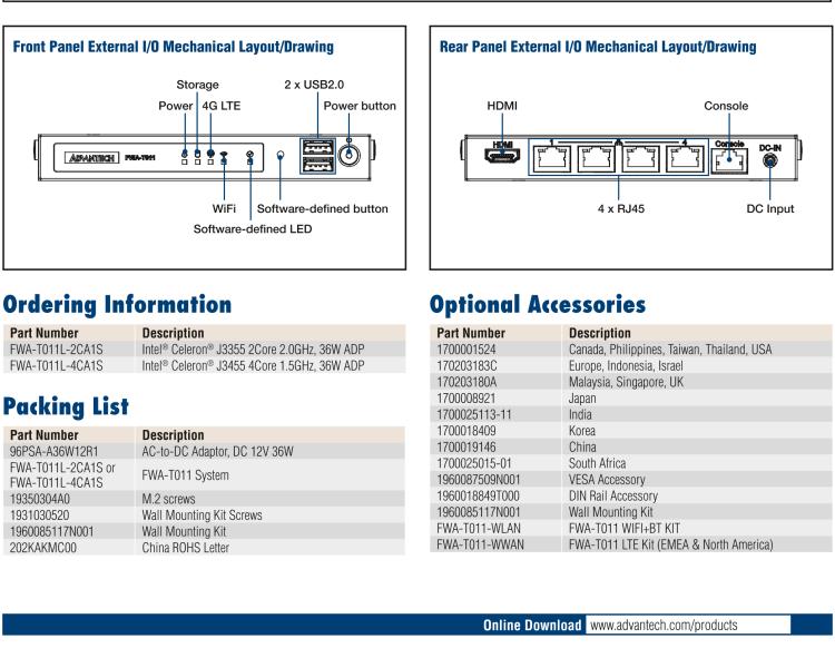 研華FWA-T011 基于Intel? Celeron? N3350/J3455 入門級SD-WAN，安全網(wǎng)關(guān)微型網(wǎng)絡(luò)應(yīng)用平臺