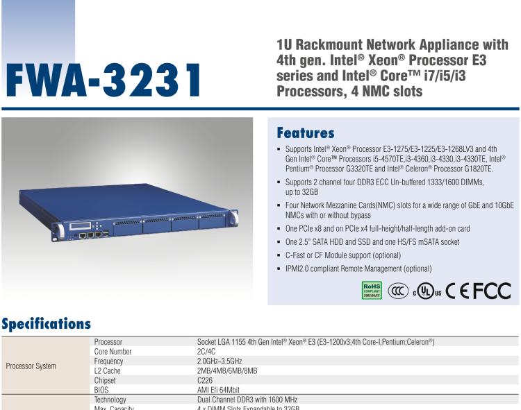 研華FWA-3231 基于Intel? Haswell XeonTM E3/CoreTM/ PentiumTM /CeleronTM 系列處理器 1U機架式網(wǎng)絡應用平臺