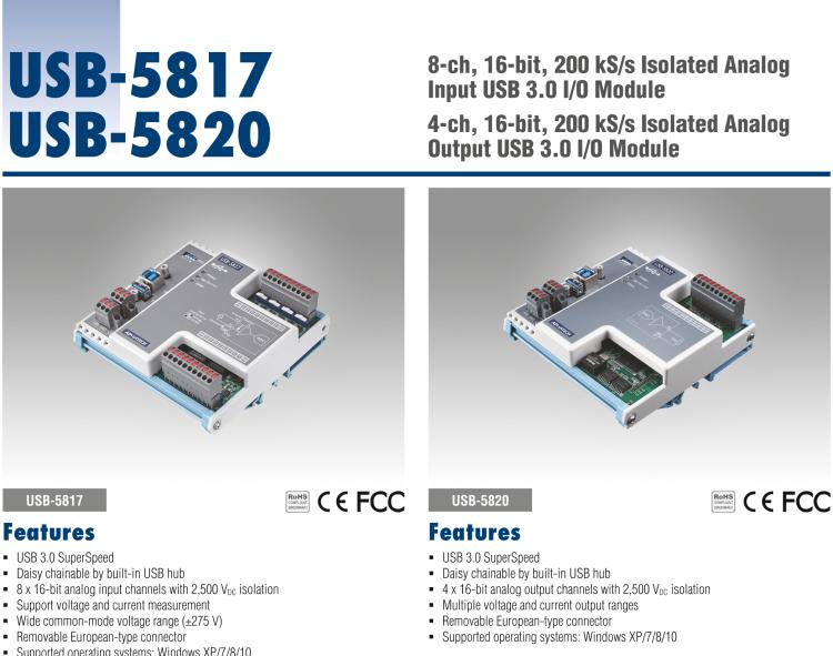 研華USB-5820 4通道，16位，200 kS / s隔離模擬輸出USB 3.0 I/O模塊