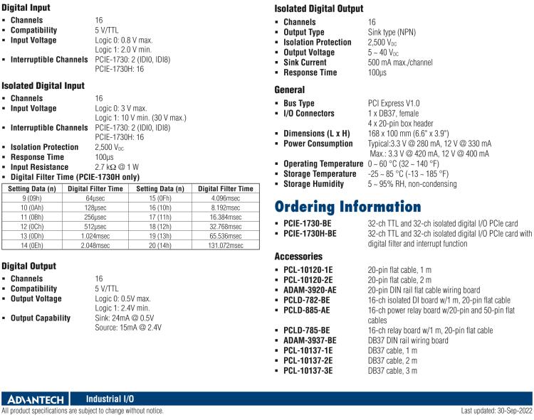 研華PCIE-1730 PCI Expresscard擴展接口，支持32通道隔離DIO和TTL DIO